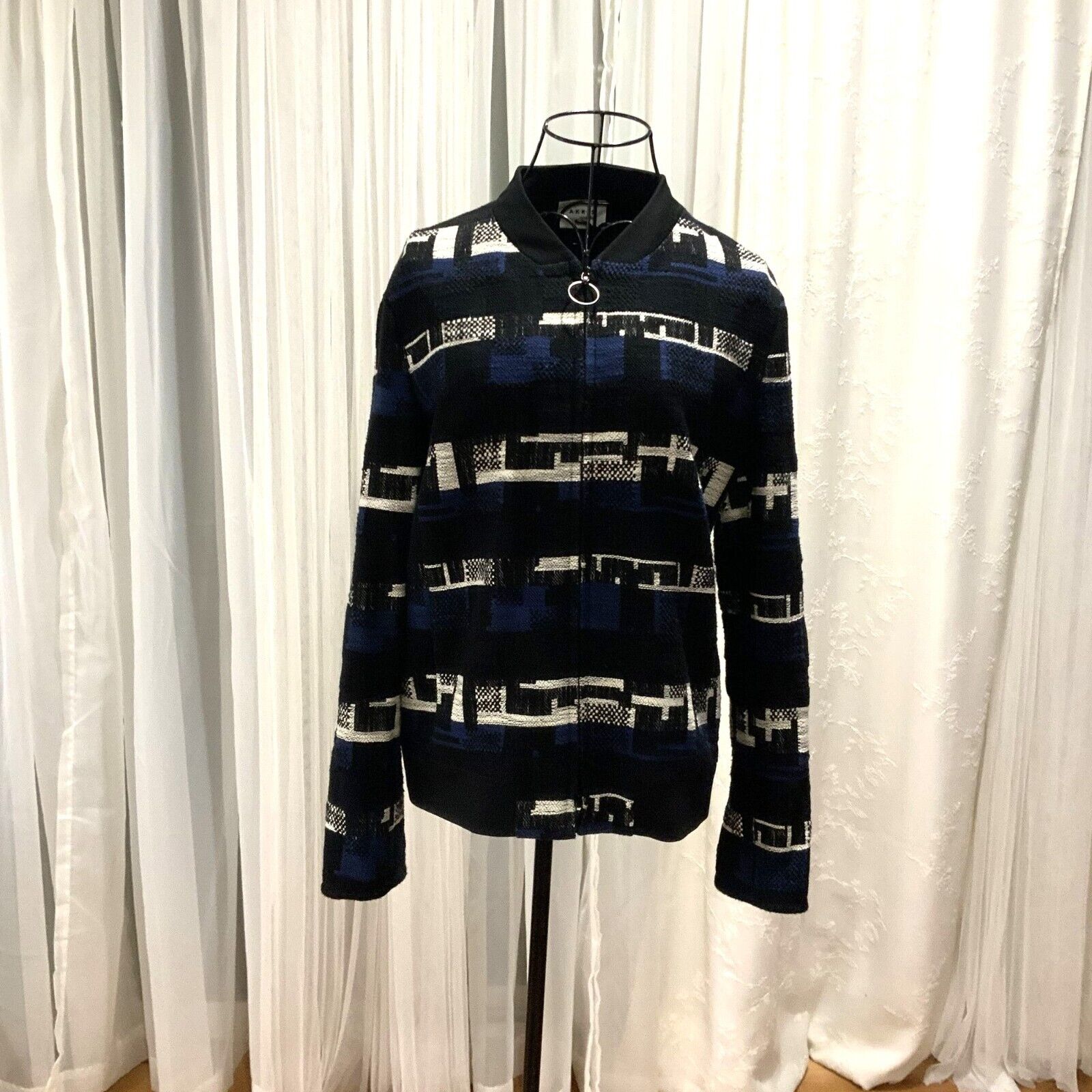 Akris Punto Denim Blue Modern Tweed Zip Front Jacket Size S